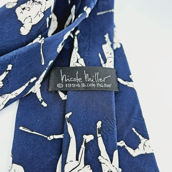 Nicole Miller Tie VTG 1994 Baseball Game Day Collection 100% Silk Hand Sewn Blue - Picture 2 of 8